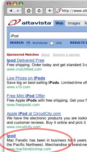 Ad for fraudulent MacFanaticShop on Altavista